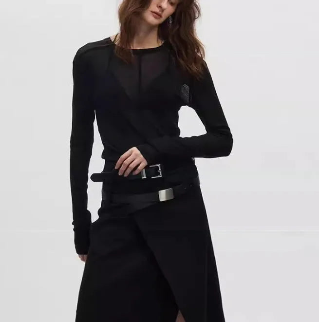 Black slim-fit long sleeve pullover top with mesh see-through texture.