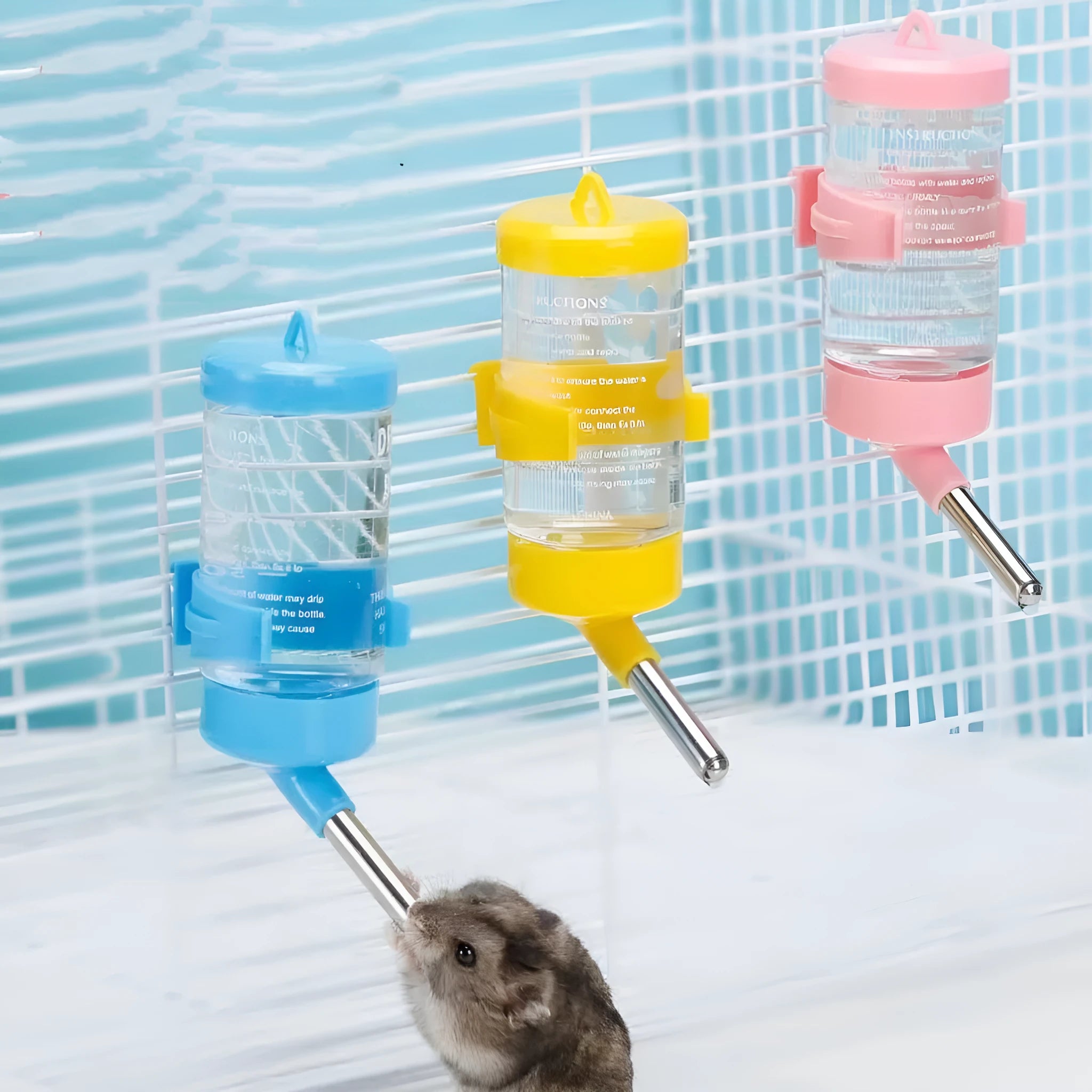 Leak-proof ball kettle pet water feeder in green, pink, blue, white, or yellow with glass tube.