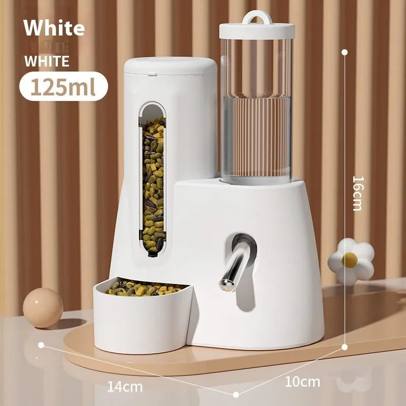 Blue automatic drinking water feeder and food basin for small hamsters on a white background.