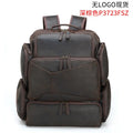 Dark brown genuine leather backpack for men showing embossed texture, double straps, and open compartments.