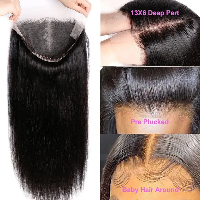 A straight, black, human hair lace front wig with a natural hairline on a 13x6 inch base.