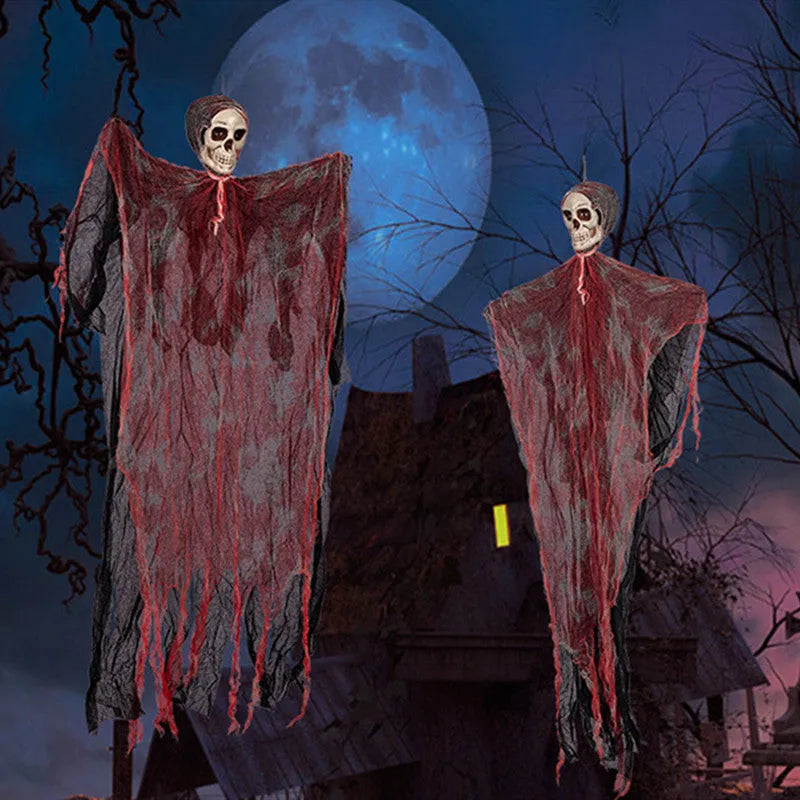 Halloween hanging ghost pendant with realistic skull face and wavy ghost clothes