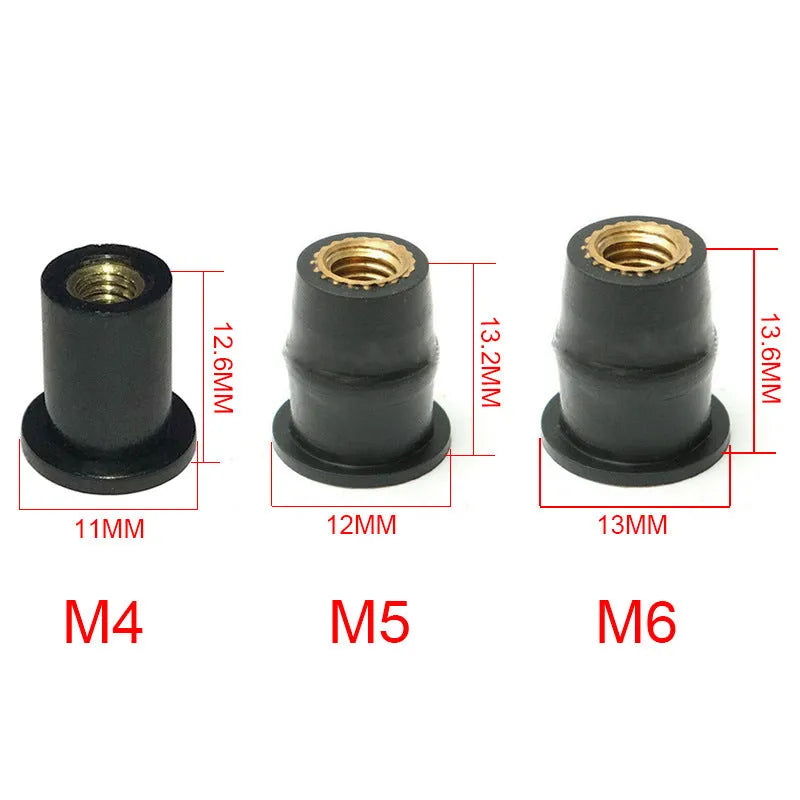 Pack of ten black brass expansion rubber well nut fasteners for motorcycle bodywork in M4, M5, and M6 sizes.