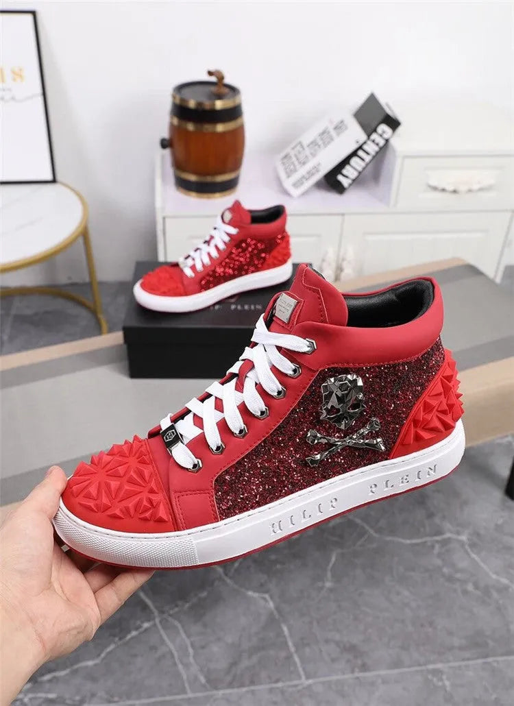 Men's black genuine leather high top skeleton shoes with red laces on a white background.