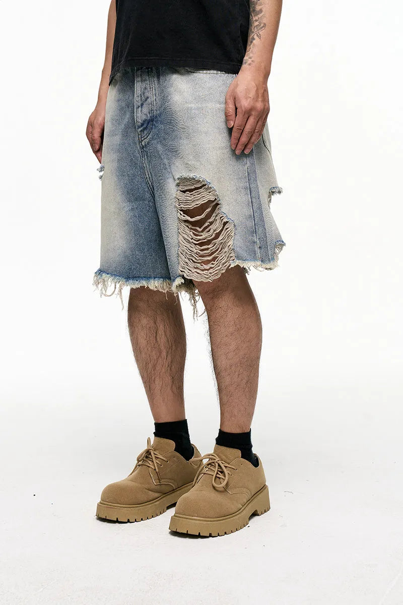 Light blue retro washed men's baggy denim shorts with wide leg design