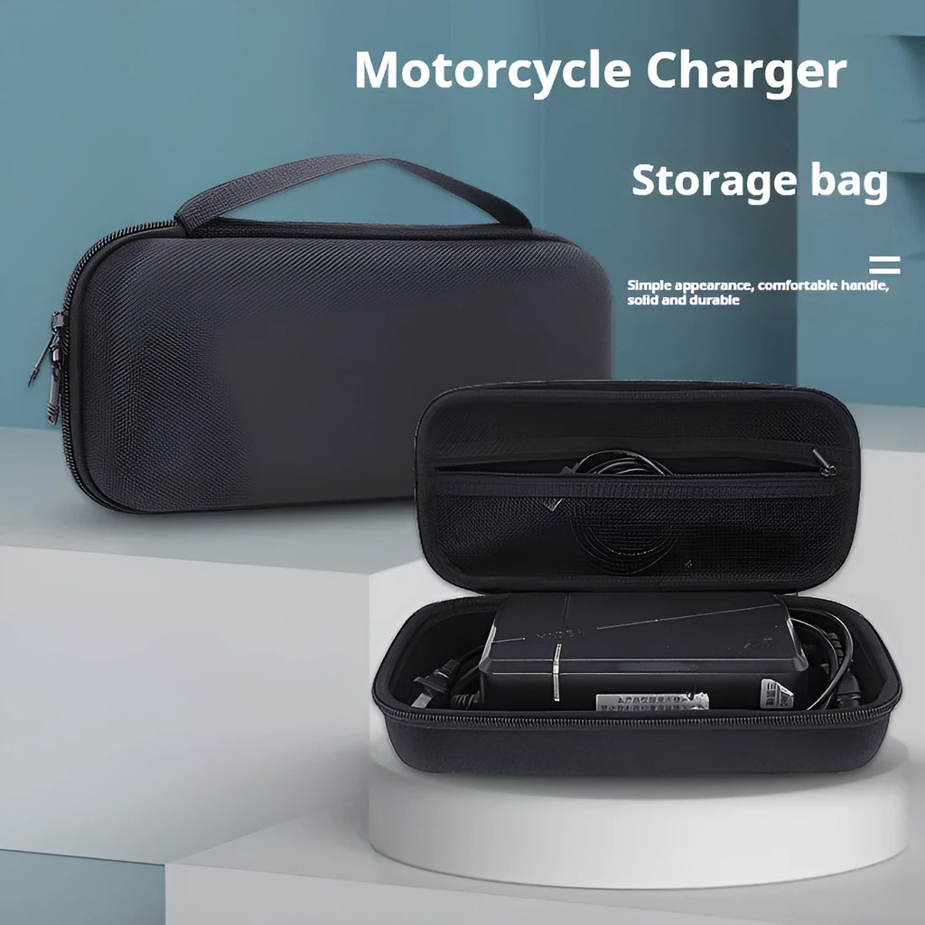EVA hard shell motorcycle charger storage bag in black with sewn construction, side view interior showing padded interior