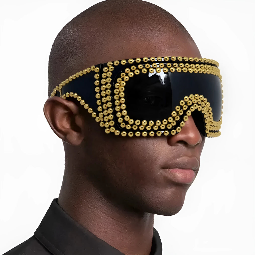Men's square punk sunglasses with large 145mm frame and silver rivet details on a black background.