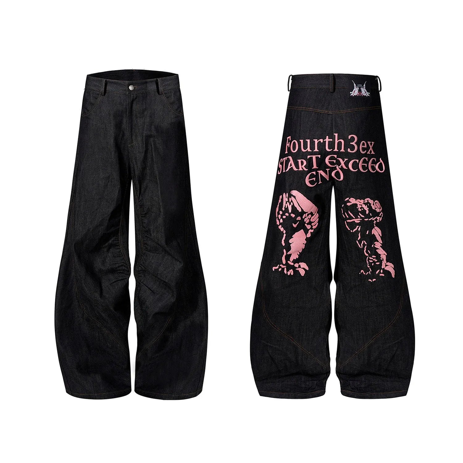 Black Korean wide leg jeans with temperature-sensitive red ear embroidery