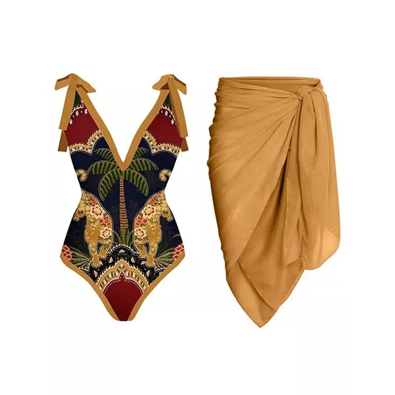 Women's solid colour one-piece swimsuit with spaghetti straps and attached skirt
