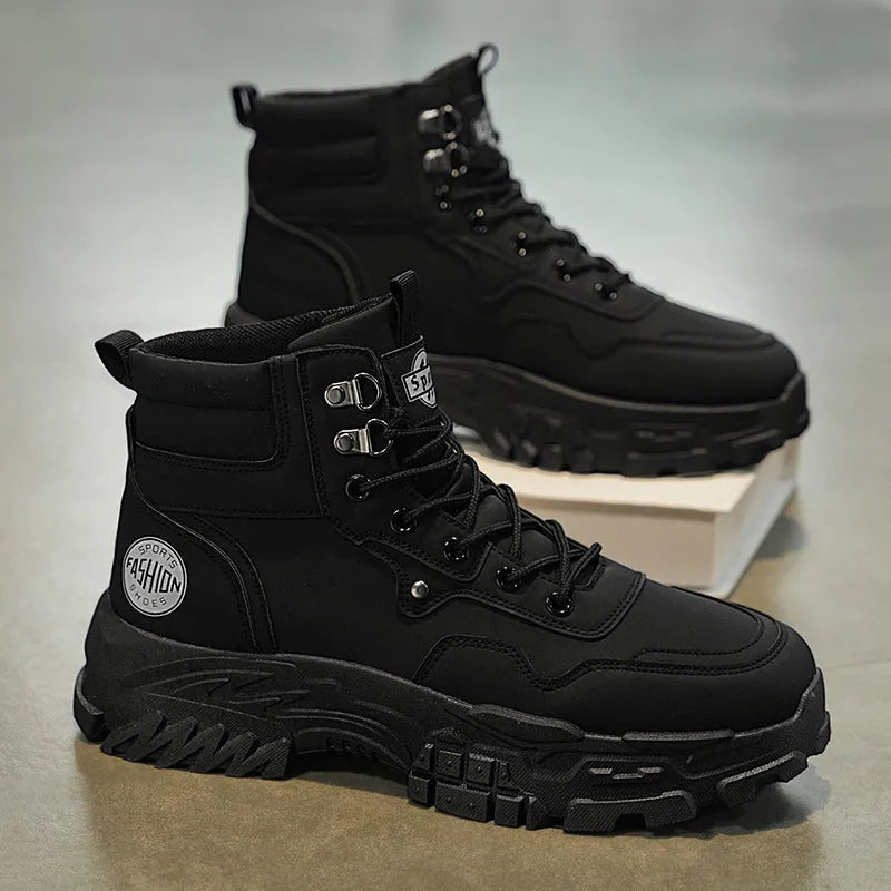 Men's black and yellow Martin boots with artificial PU upper and middle calf length