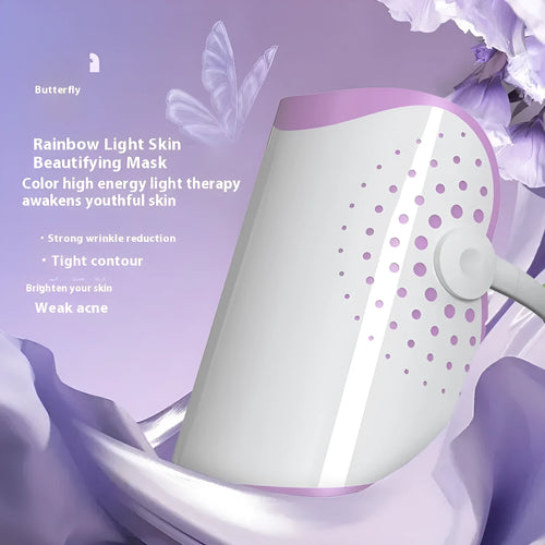 White and purple photon beauty mask IPL device for home skin treatment with storage bag and accessories.