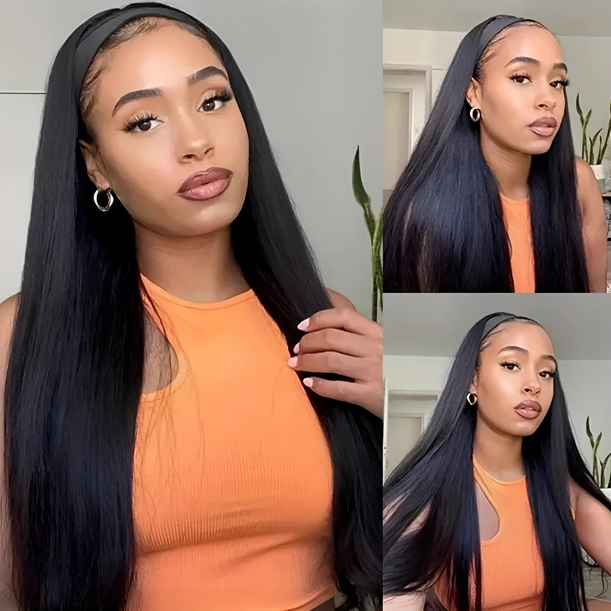 Headband wig with long high temperature fibre hair in black straight, curly, or wine red options