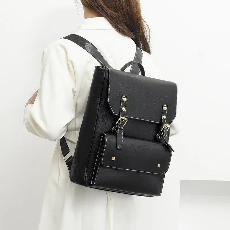 Korean-style soft PU retro backpack in creamy white colour, showing front design