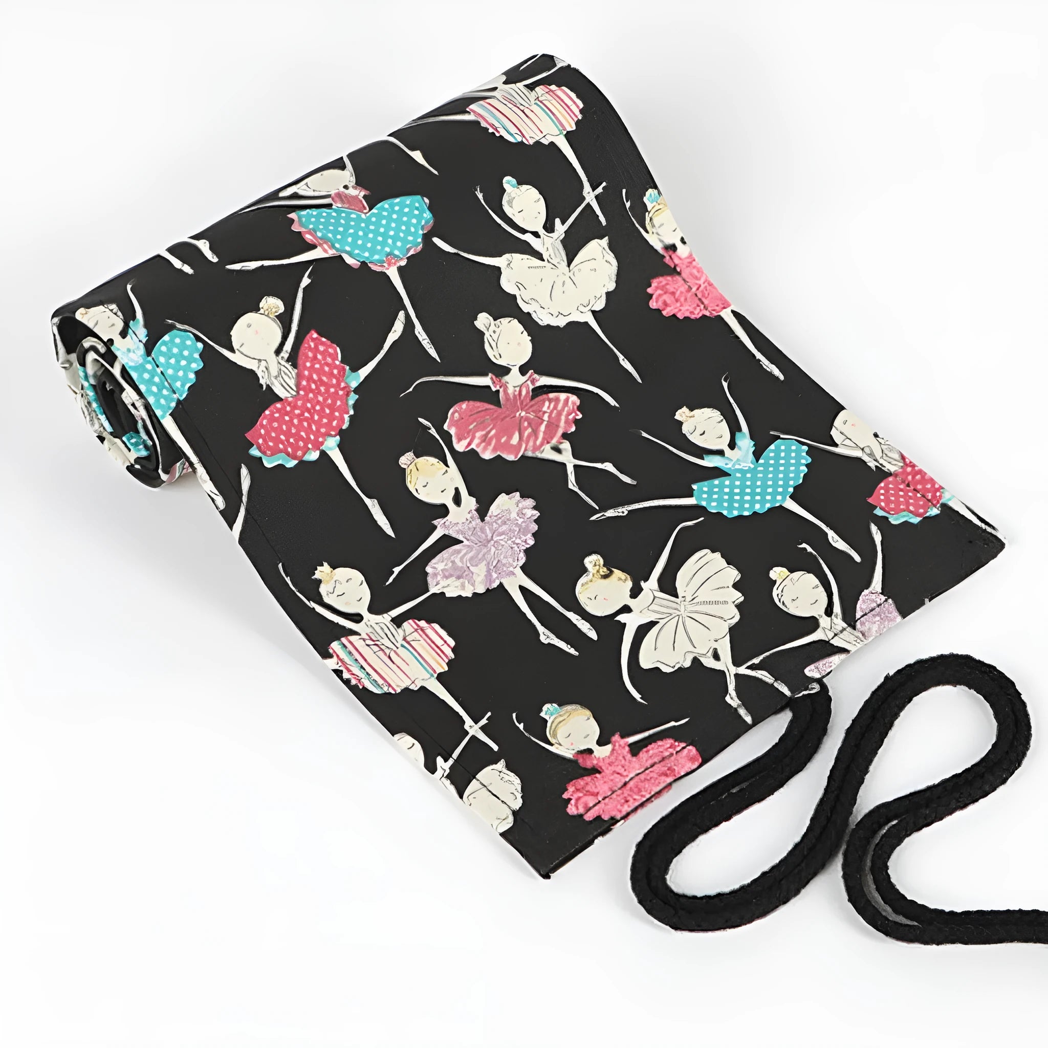 Canvas rolling pencil case with ballet girl print showing multiple pencil holes