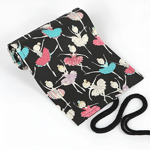 Canvas rolling pencil case with ballet girl print showing multiple pencil holes