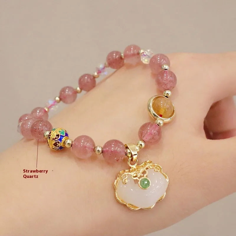 Women's geometric bracelet with strawberry quartz or gray jade stones and ethnic metal decorations