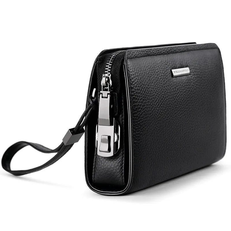 Men's black genuine leather clutch wallet open to show internal card slots, phone pocket, and zippered compartment.