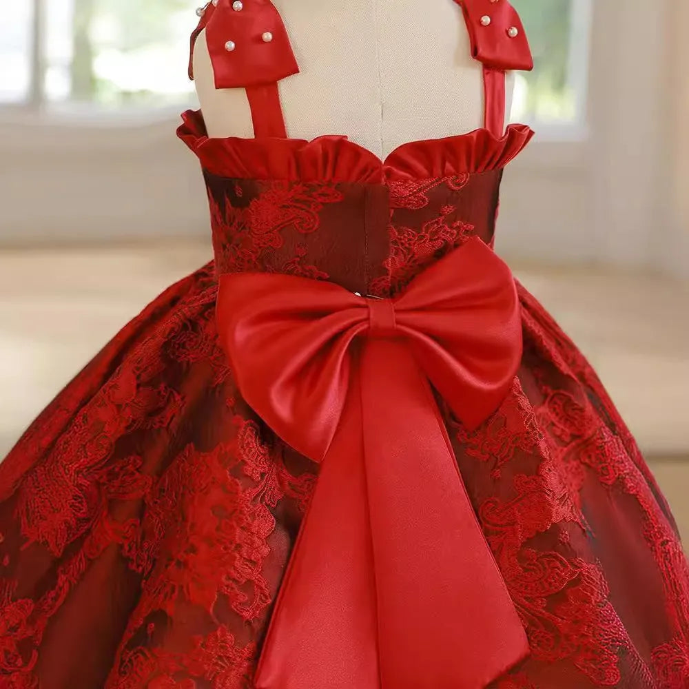 Red Zhuazhou girls braces skirt princess style polyester suspender dress for children