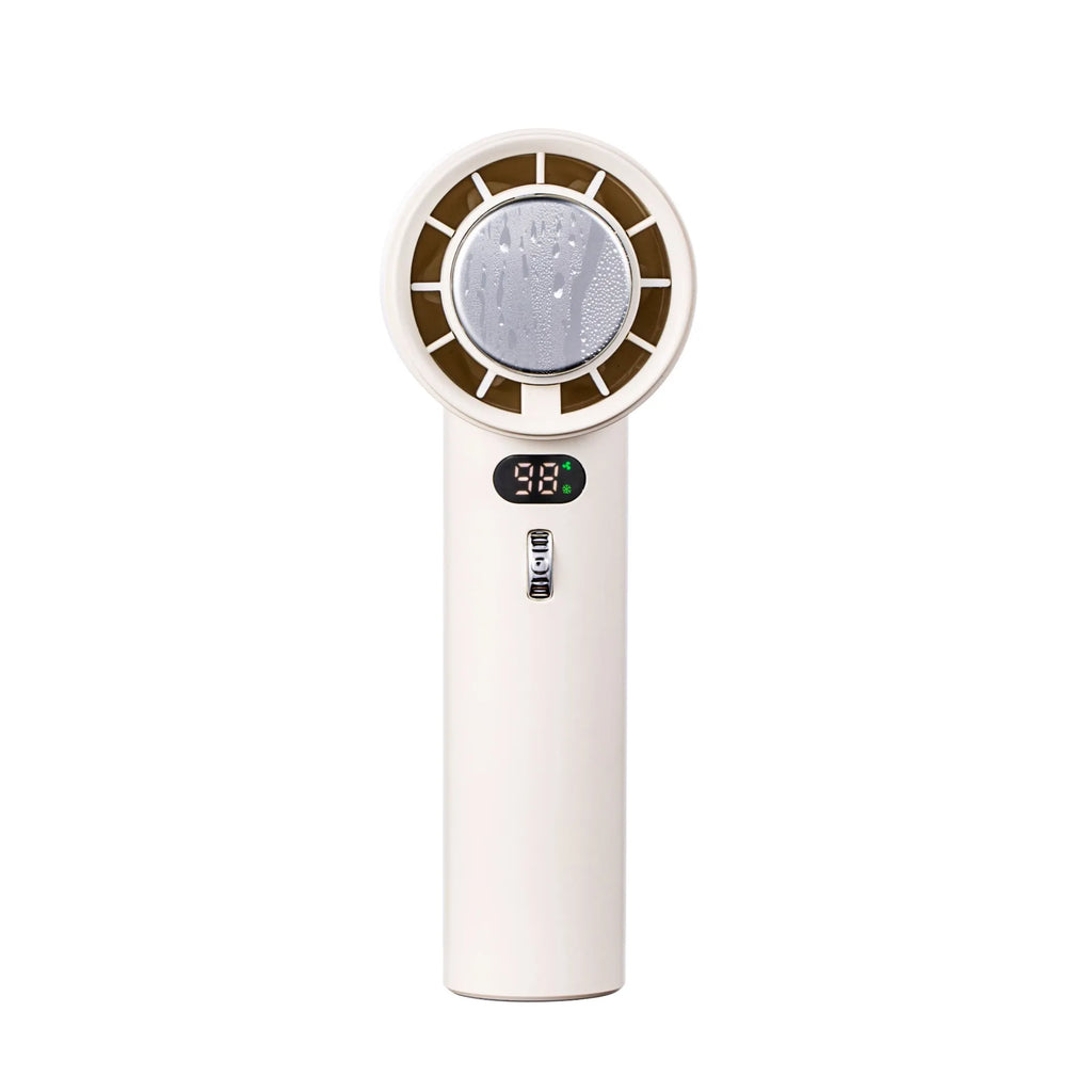 White portable handheld turbo fan with cooling function and display, shown on a table.