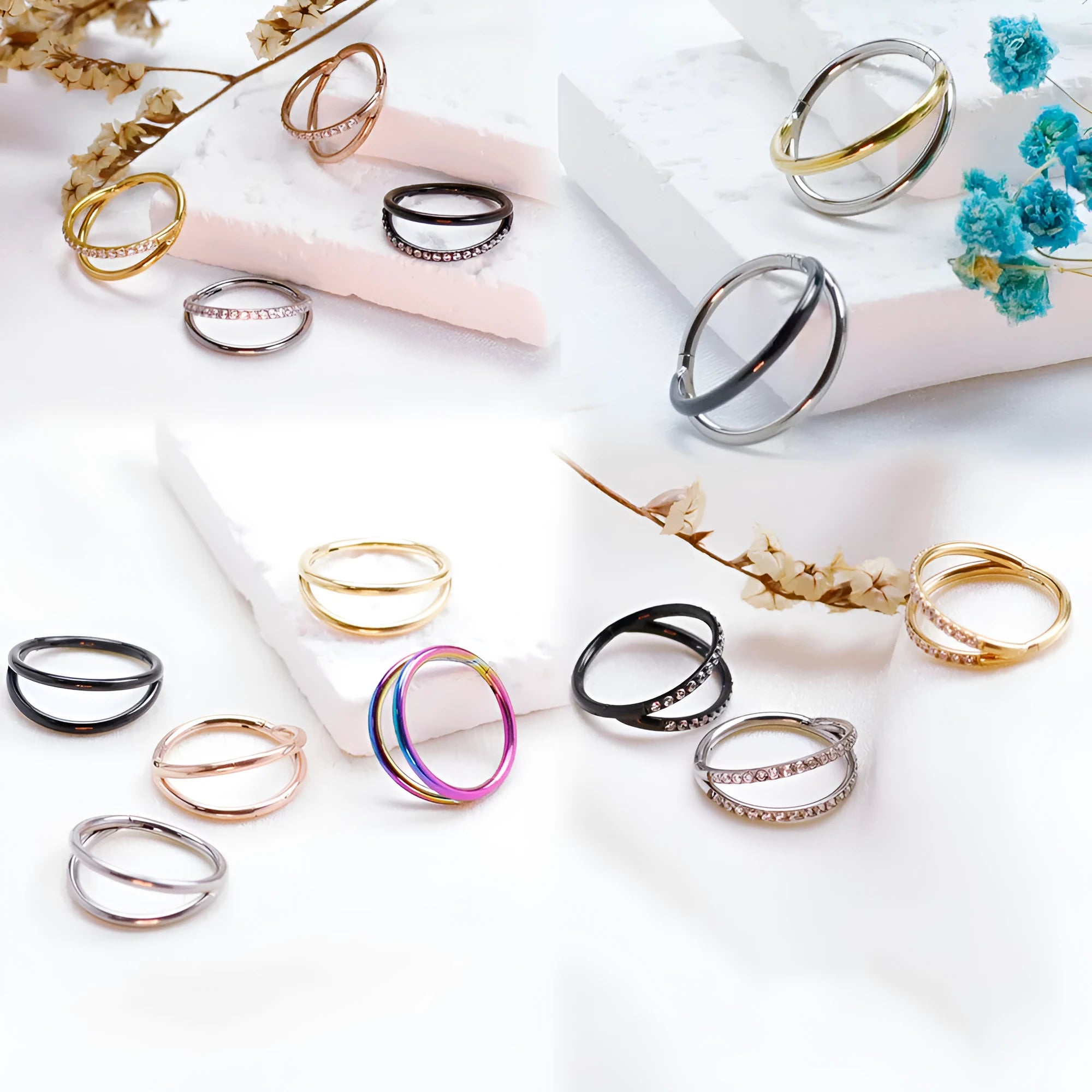 Titanium alloy fork nose ring body jewellery on a plain background showing post length options.