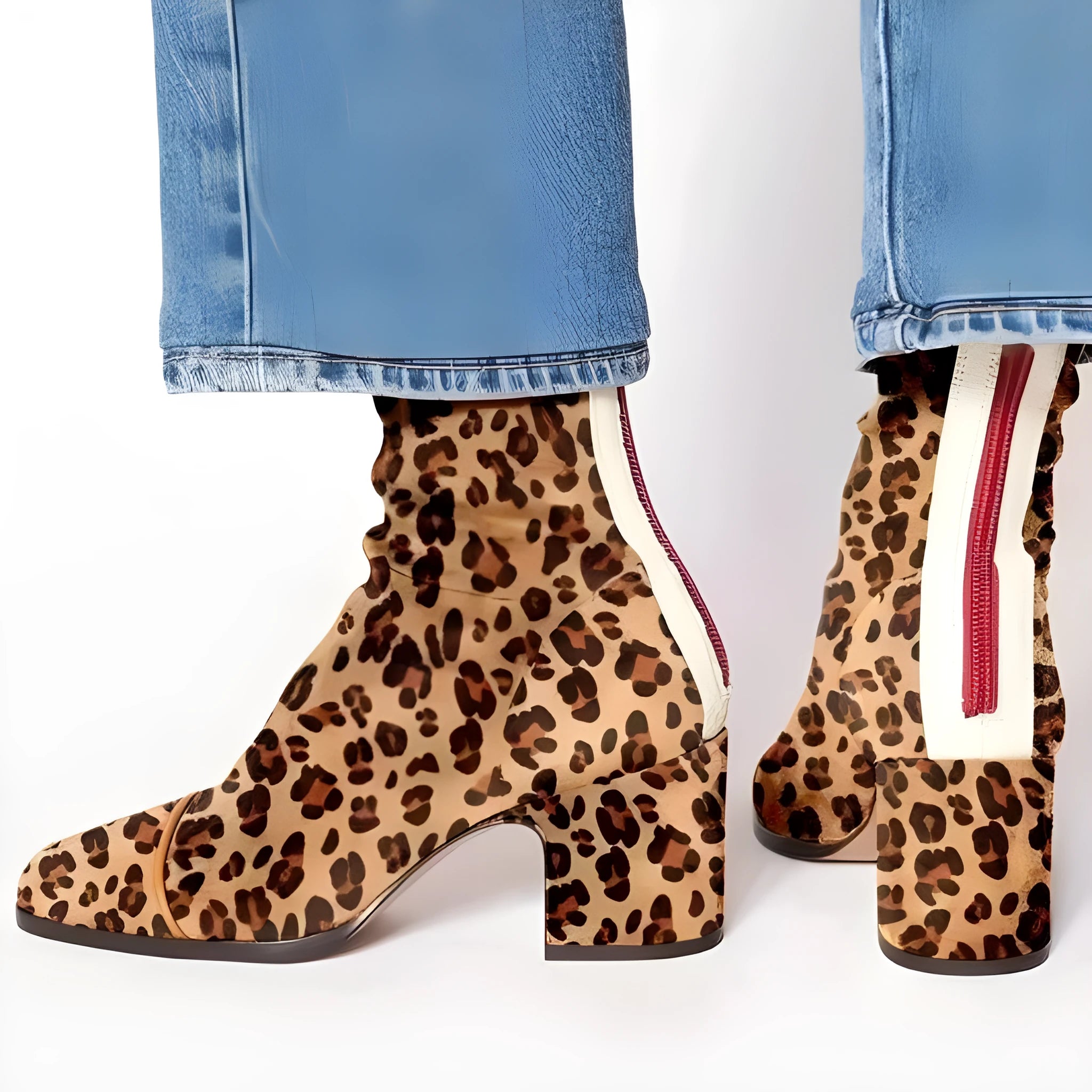 High heel square toe suede Martin boots, chunky heel, back zipper, leopard print, low-cut, women's size 34-43