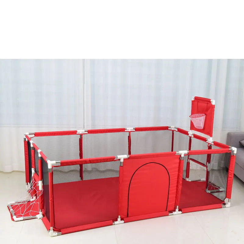 Large blue children's playpen tent with Oxford cloth walls and stainless steel frame in a nursery.