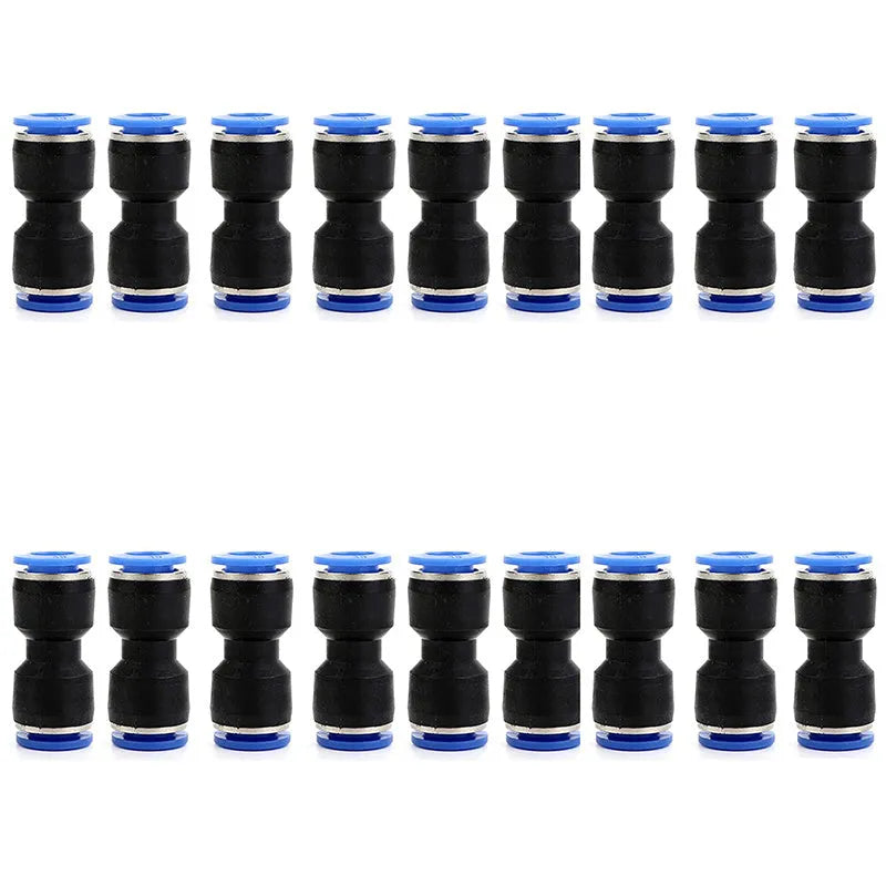 Blue pneumatic quick connector for straight through PU tubing connections in multiple sizes