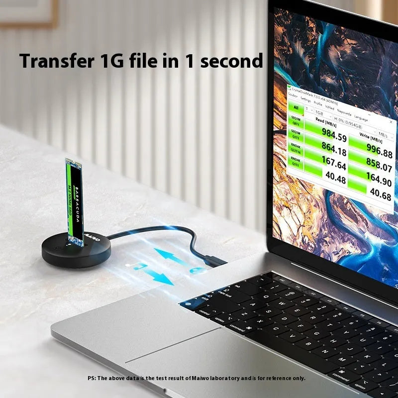 Black external hard drive enclosure for NVMe solid state drives with USB Type-C port