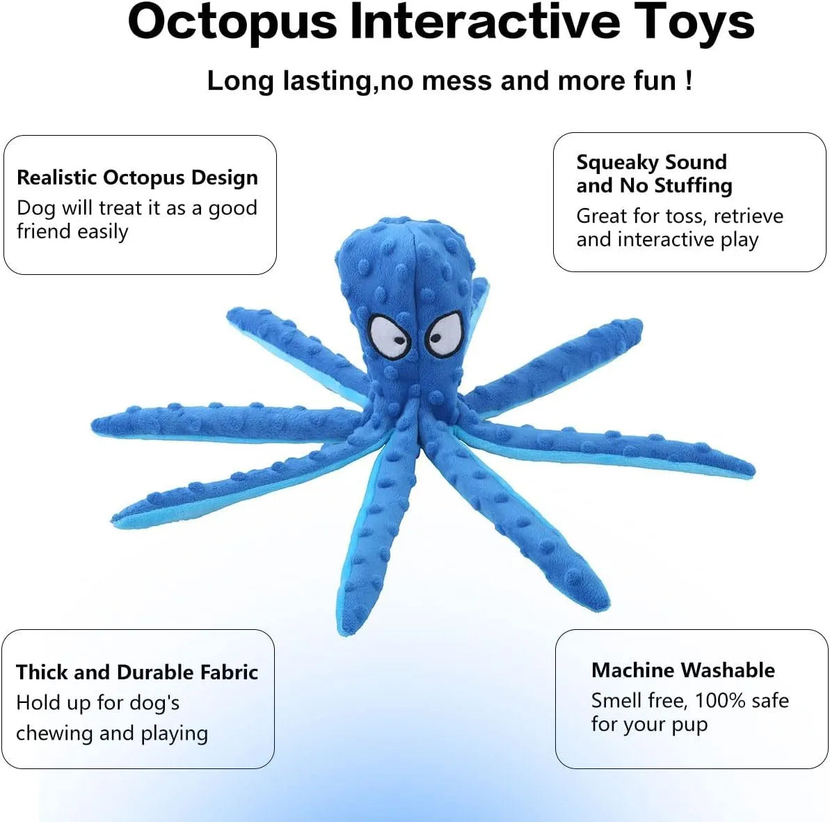 Blue unfilled octopus plush dog toy with crinkle and squeaker, shown next to a tape measure indicating its 32cm length.