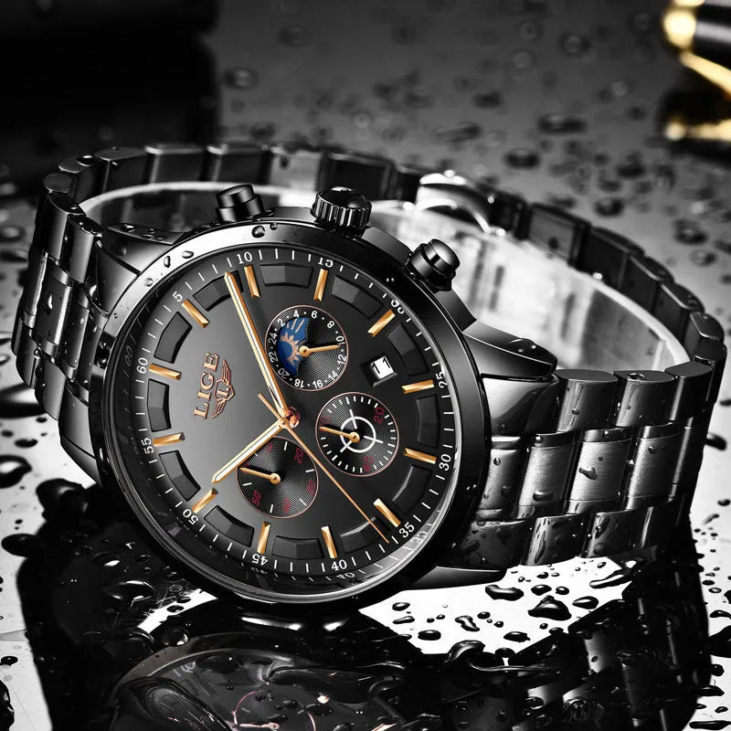 Men's black and rose red gold waterproof quartz sports watch with business styling and 12mm case