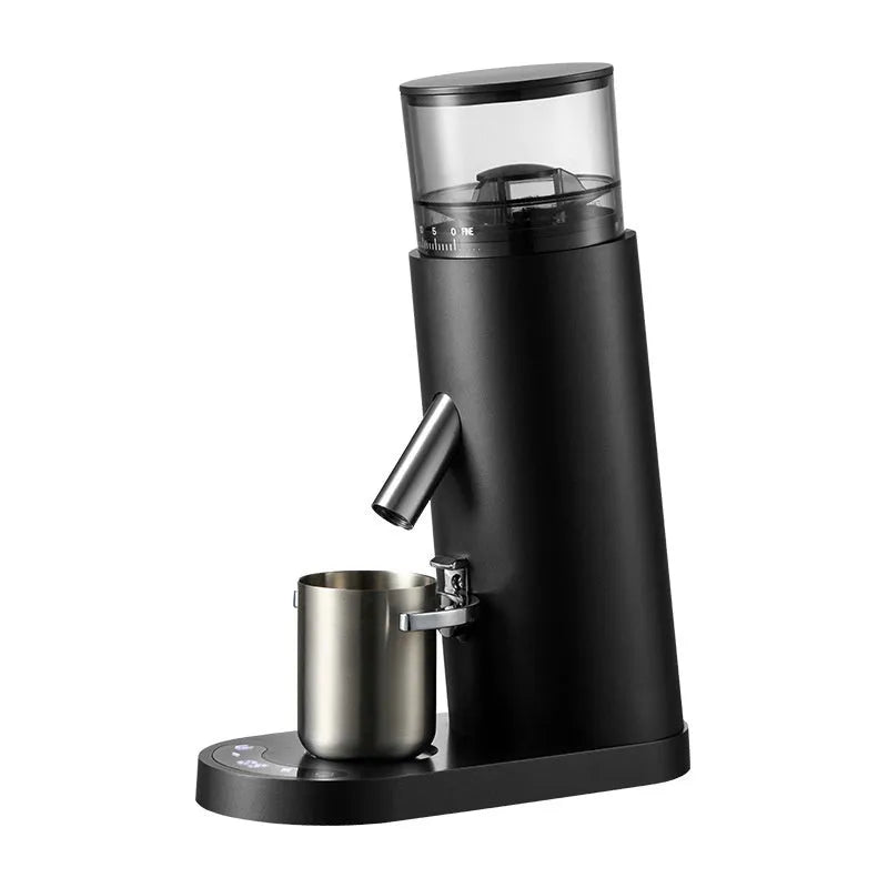 Portable automatic electric coffee grinder in stainless steel, showing style options in beige or black.