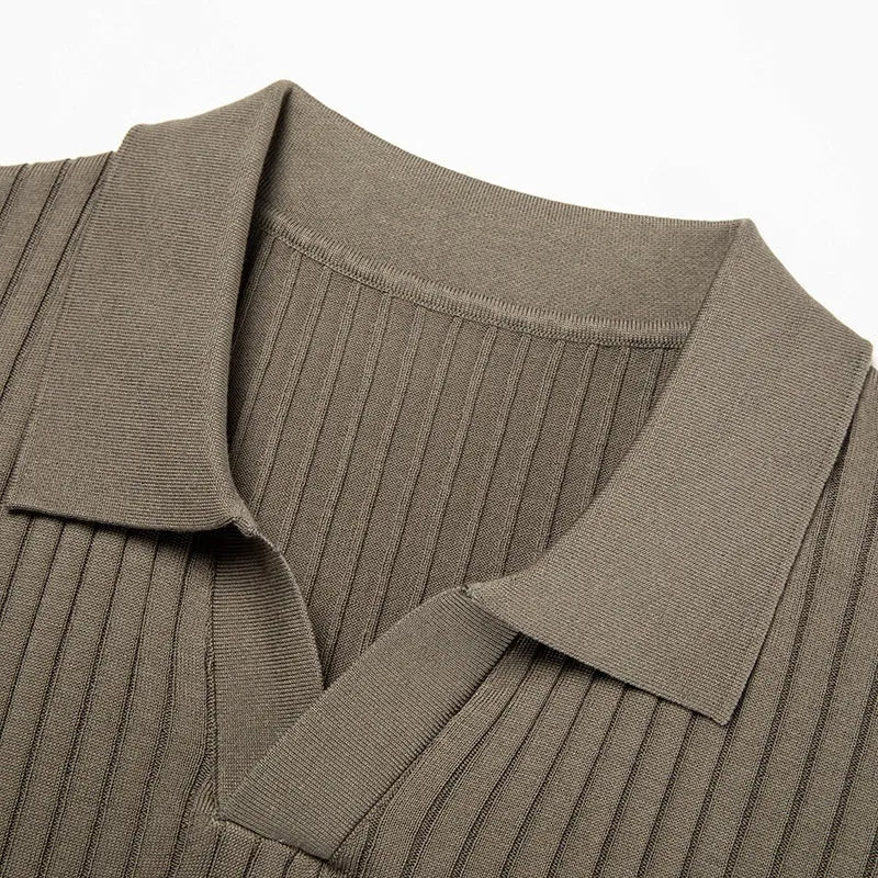 Men's mulberry silk short sleeve T-shirt with lapel collar and stripe pattern in black, white, green, grey, or khaki, sizes M to 4XL