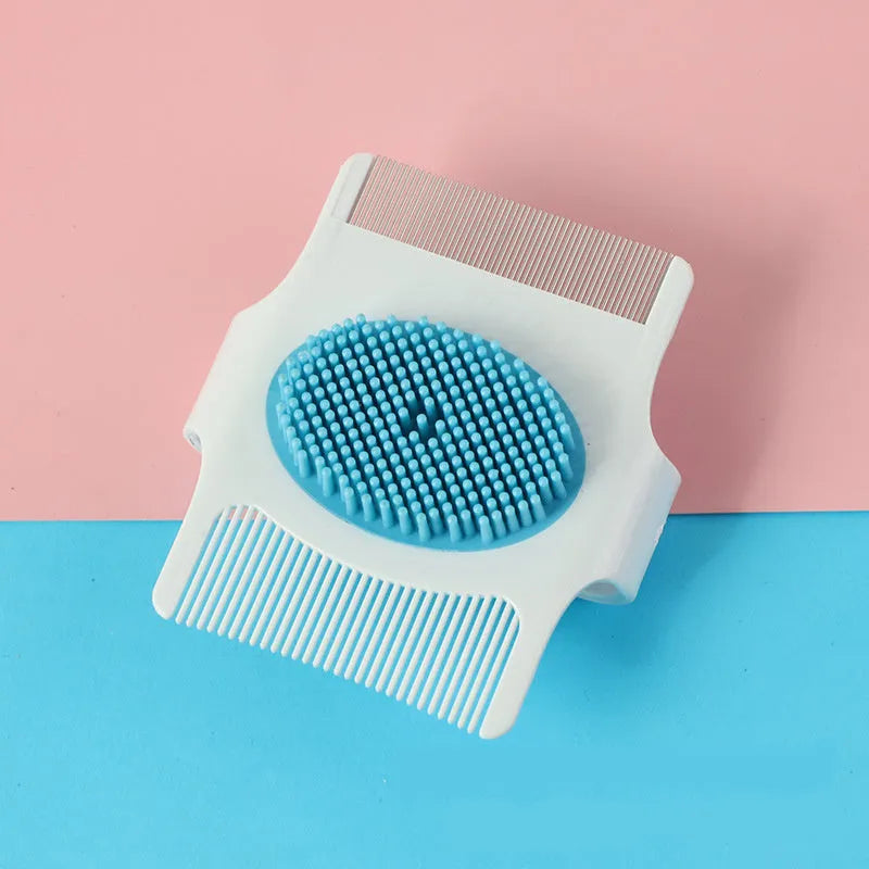 Blue multifunctional pet comb grooming tool showing compact 8.5 cm design with hair removal and massage features