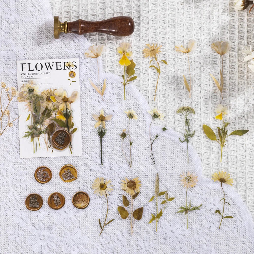Set of 40 printed PET decorative stickers showing eight artistic styles including dried flowers and leaf specimens.