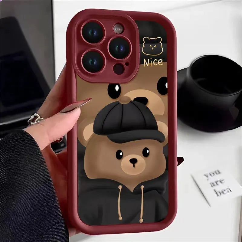 TPU phone case with cute bear design for Apple iPhone 7 to 15 series, available in three colours