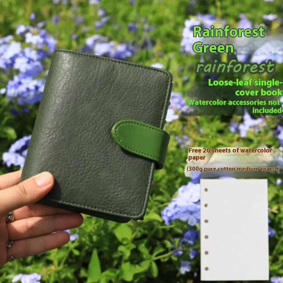 A7 mini loose-leaf watercolour book in avocado green, hazelnut brown, mango pudding, mocha coffee, and rainforest green colour options.