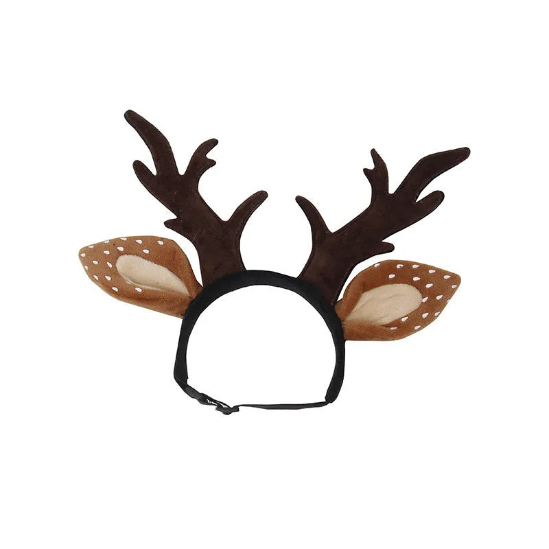 Yellow plush pet antler headband with adjustable hoop on a dog, Christmas reindeer costume