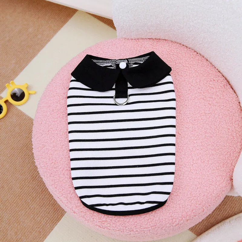 Pet wearing striped cotton t-shirt and matching skirt summer outfit set