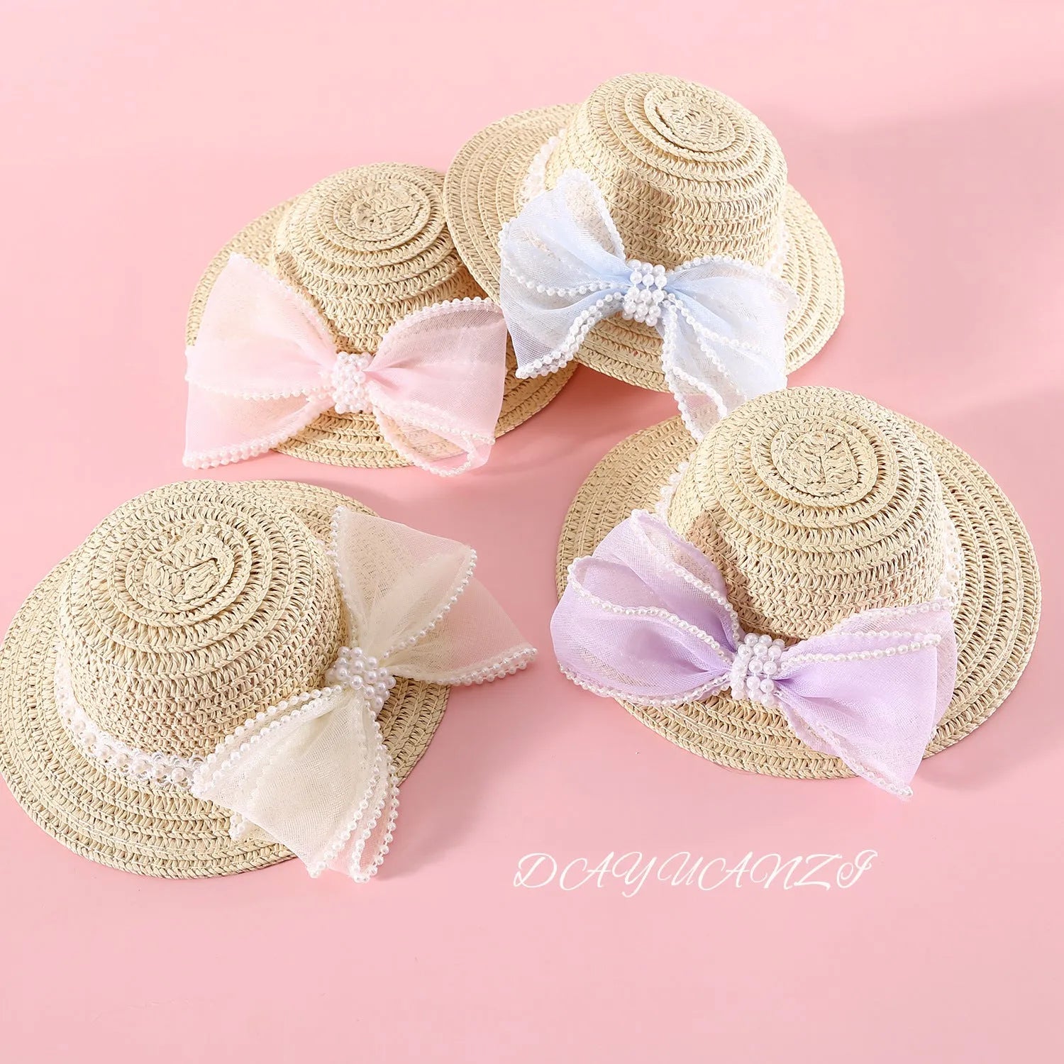 Princess-style woven cat hat with pearl butterfly bow in blue, pink, purple, or white on Lafite leaves.
