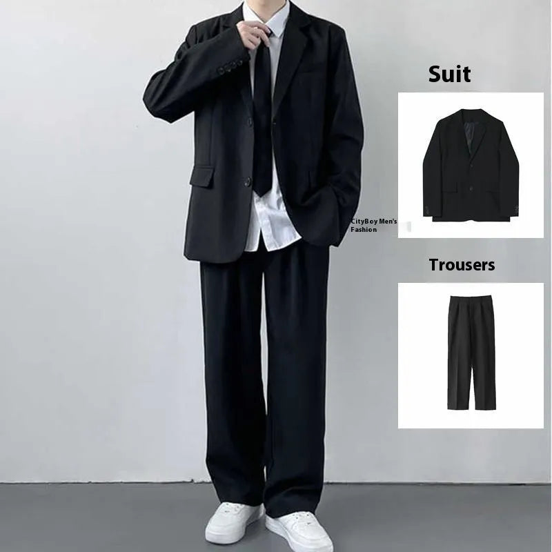 Plus size men's college style suit jacket in polyester with trousers, white shirt, and tie.