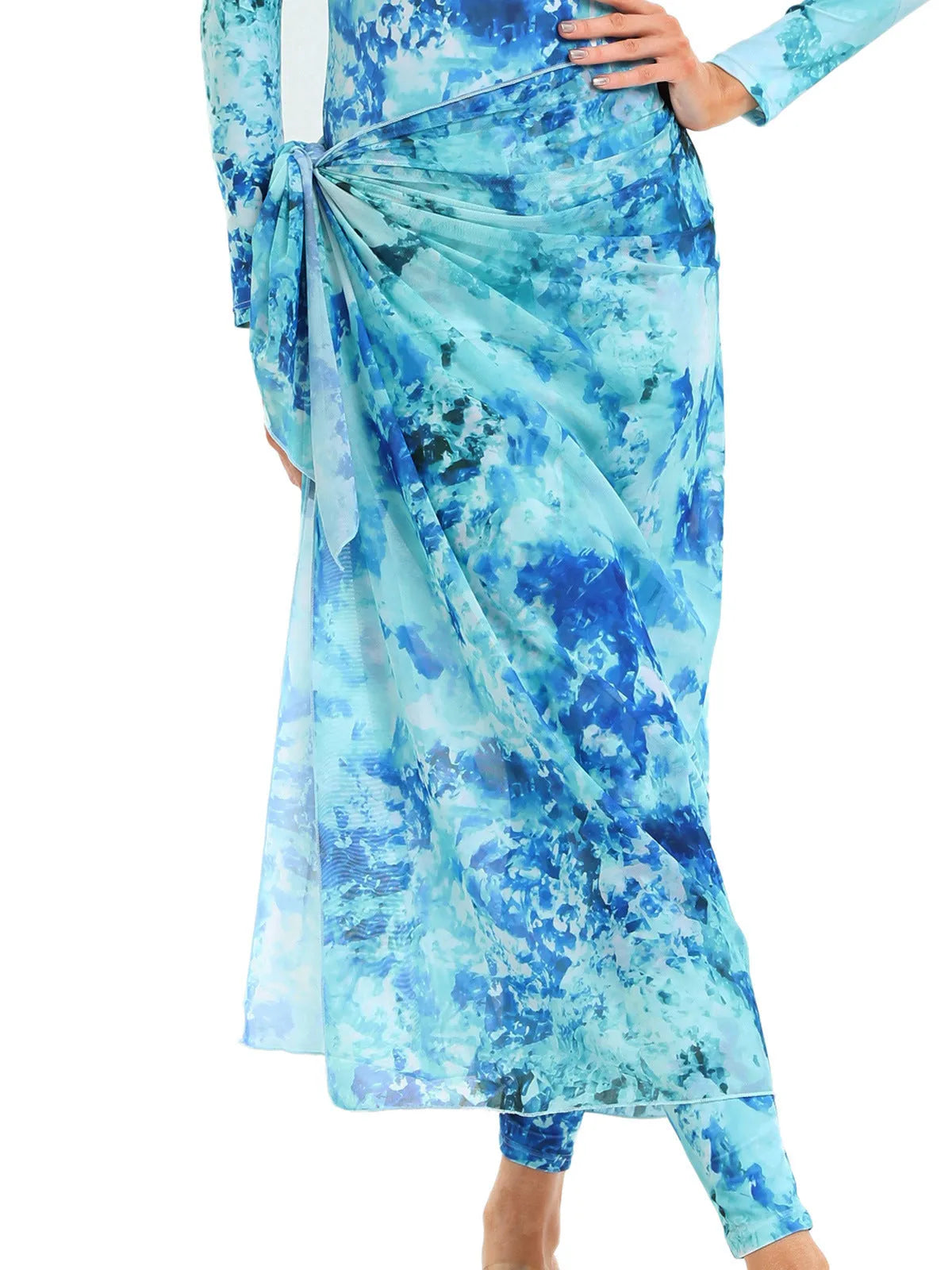 Conservative Muslim swimsuit three-piece set with apron in blue, white, or light green colour options.