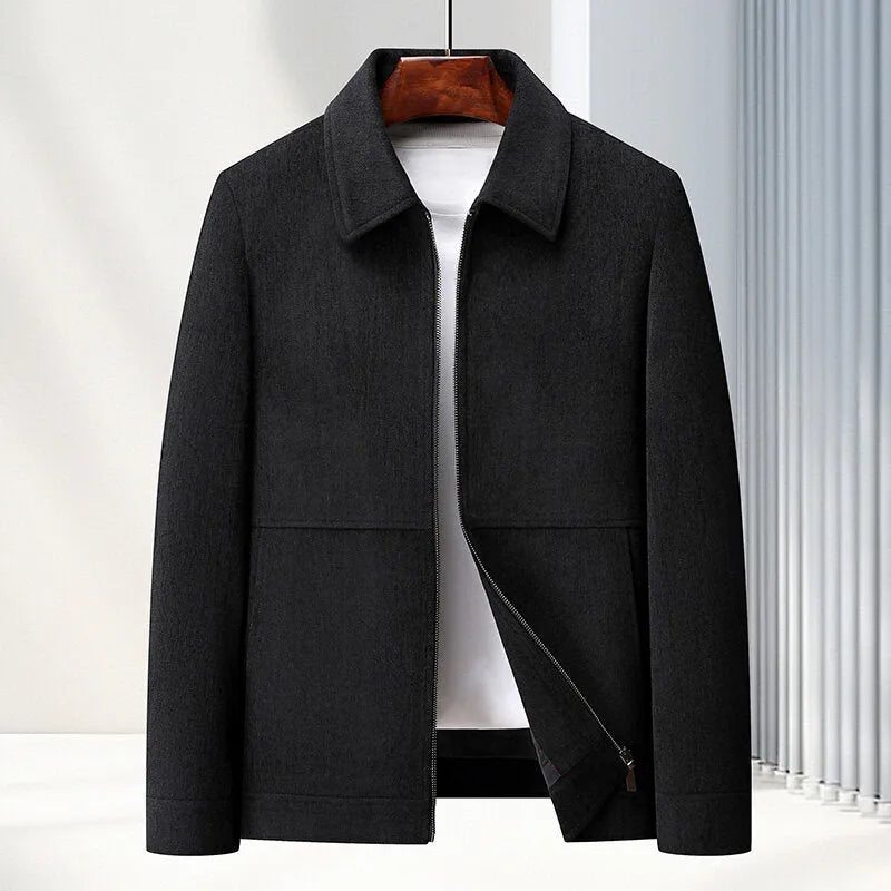 Men's black lapel collar casual slim-fit jacket coat on a hanger.