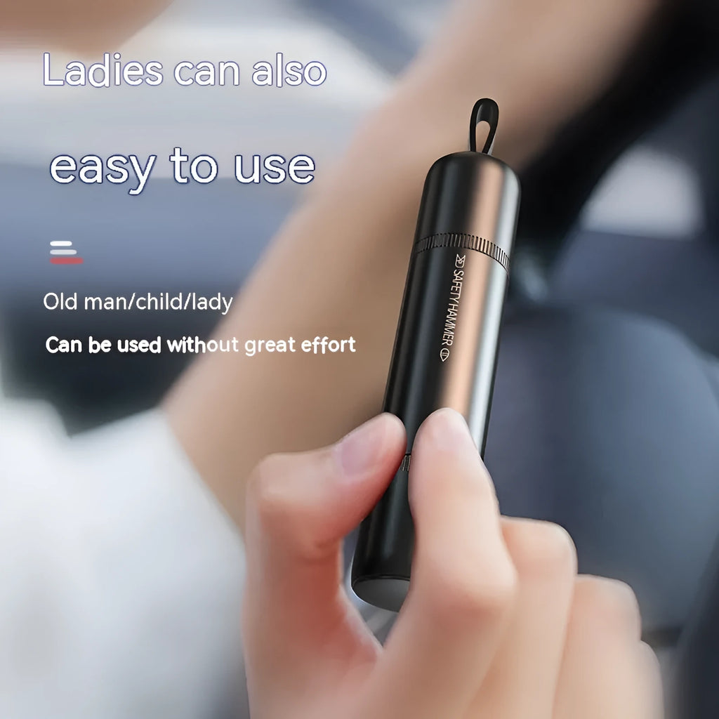 Four-in-one car safety hammer with window breaker, seatbelt cutter, LED torch, and magnetic aluminium alloy base