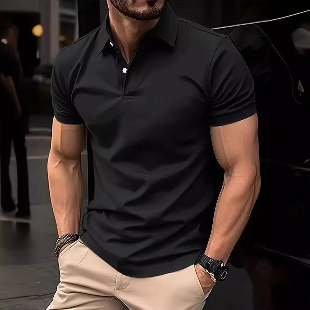 Men's slim fit solid colour short sleeve button-up shirt on a hanger.