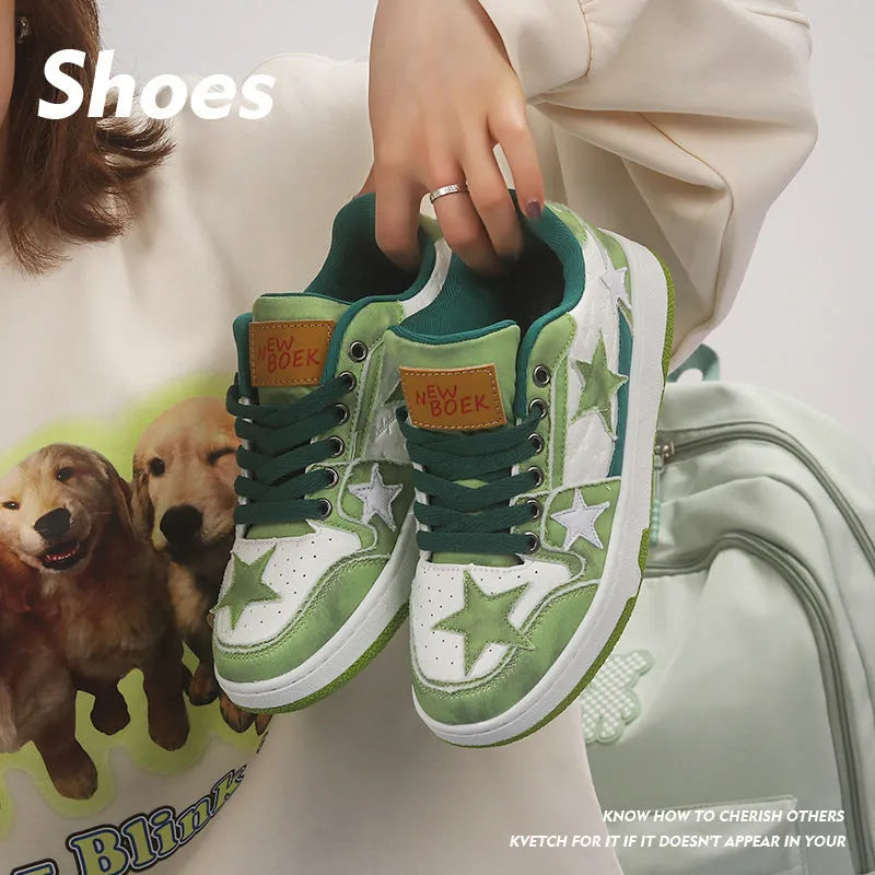 Denim skateboard shoes with round toe and leather stitching in black, green, or pink colours