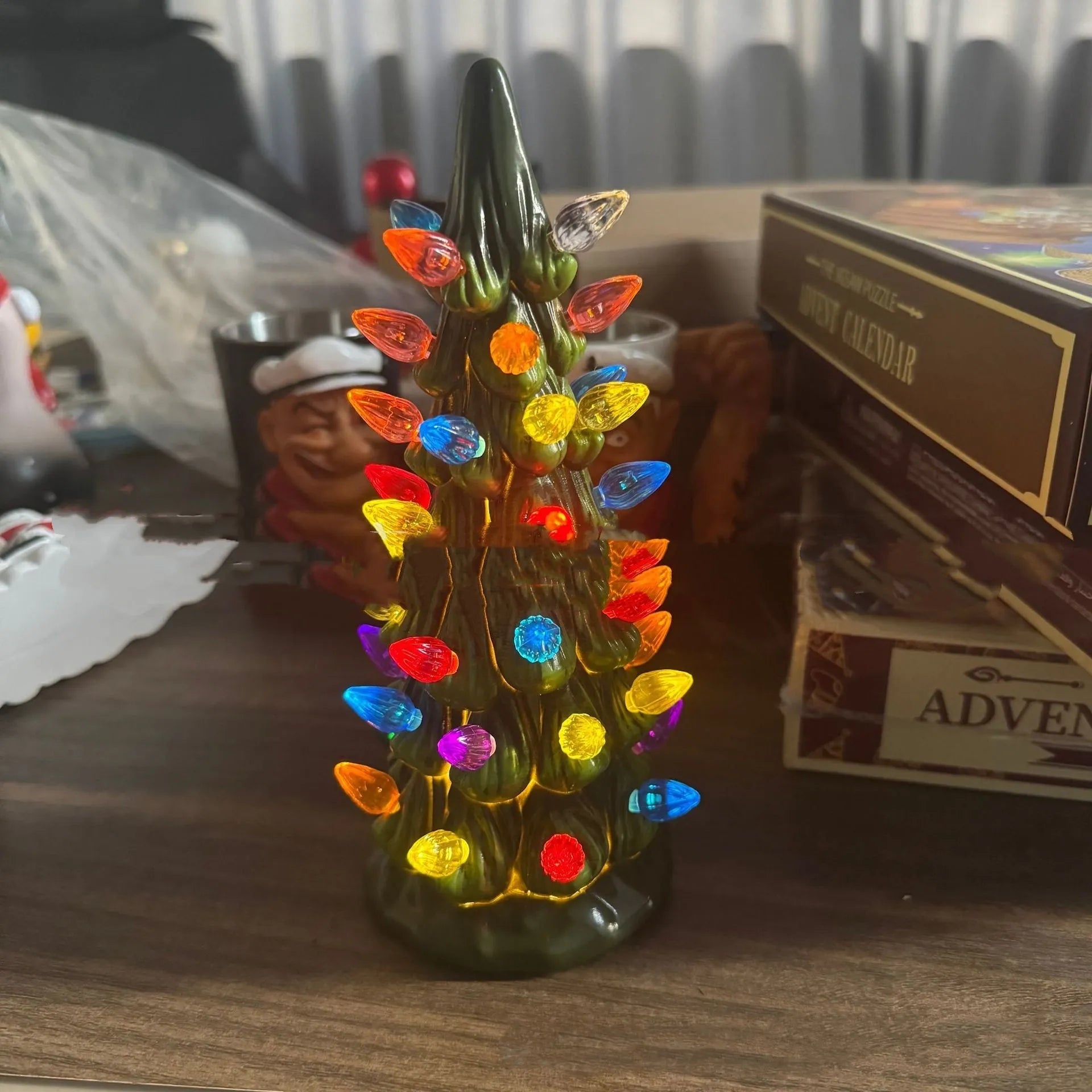Set of three white resin Christmas tree lamp ornaments in 20cm, 25cm, and 30cm sizes with LED lights.