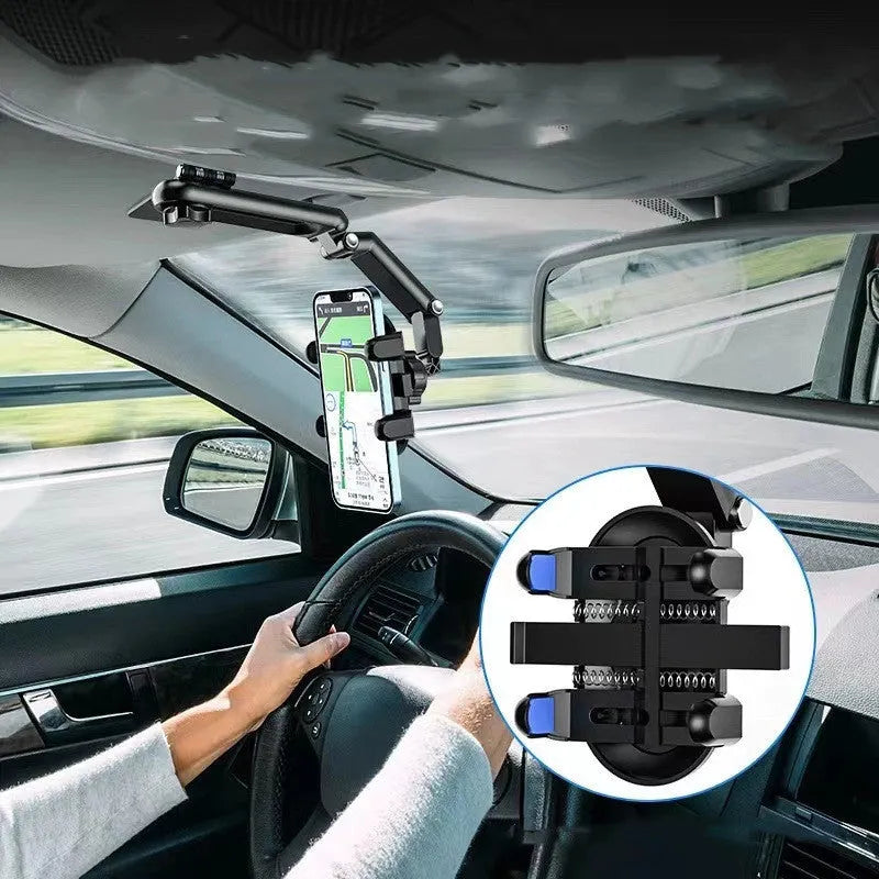Black and green car mount sun visor with buckle clip for rear seat installation.