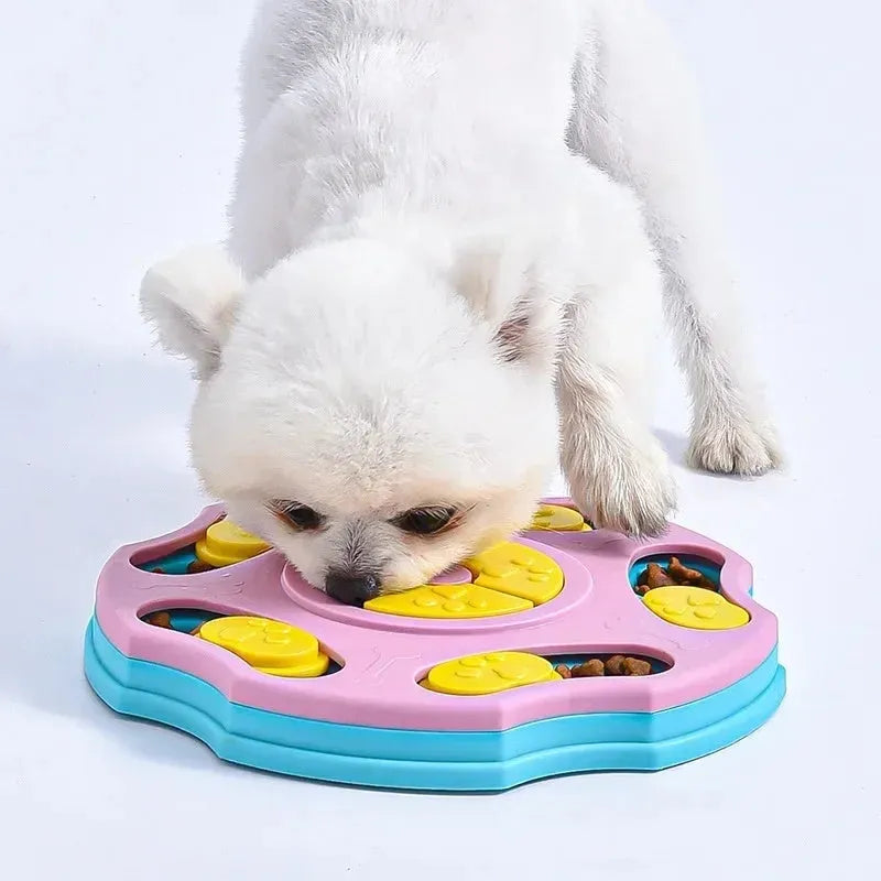 Blue and pink interactive dog puzzle feeder bowl for slowing fast eating and mental stimulation