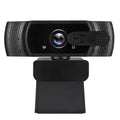 Black 1080P USB webcam with built-in microphone and universal clip for laptop or monitor.