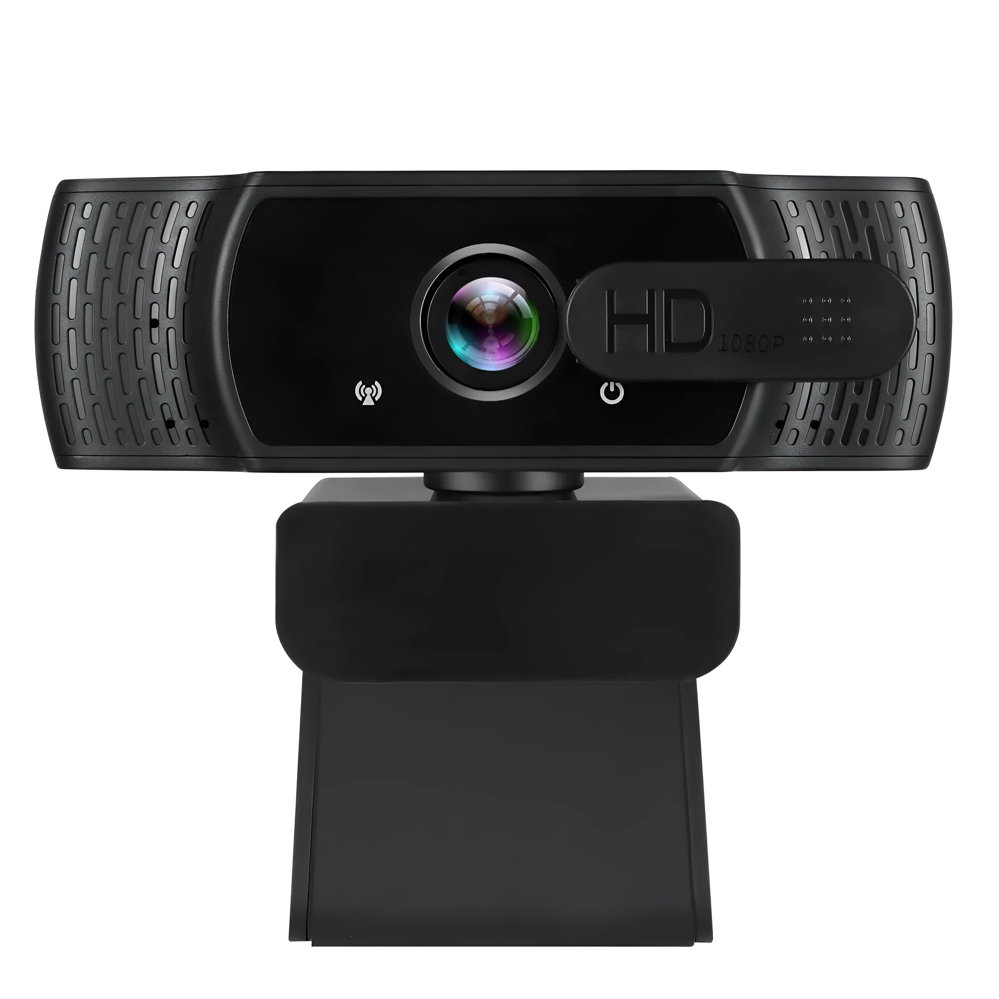 Black 1080P USB webcam with built-in microphone and universal clip for laptop or monitor.